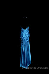 Vintage Mermaid Halter Neck Royal Blue Satin Backless Evening Prom Gown Fairy Evening Prom Dresses